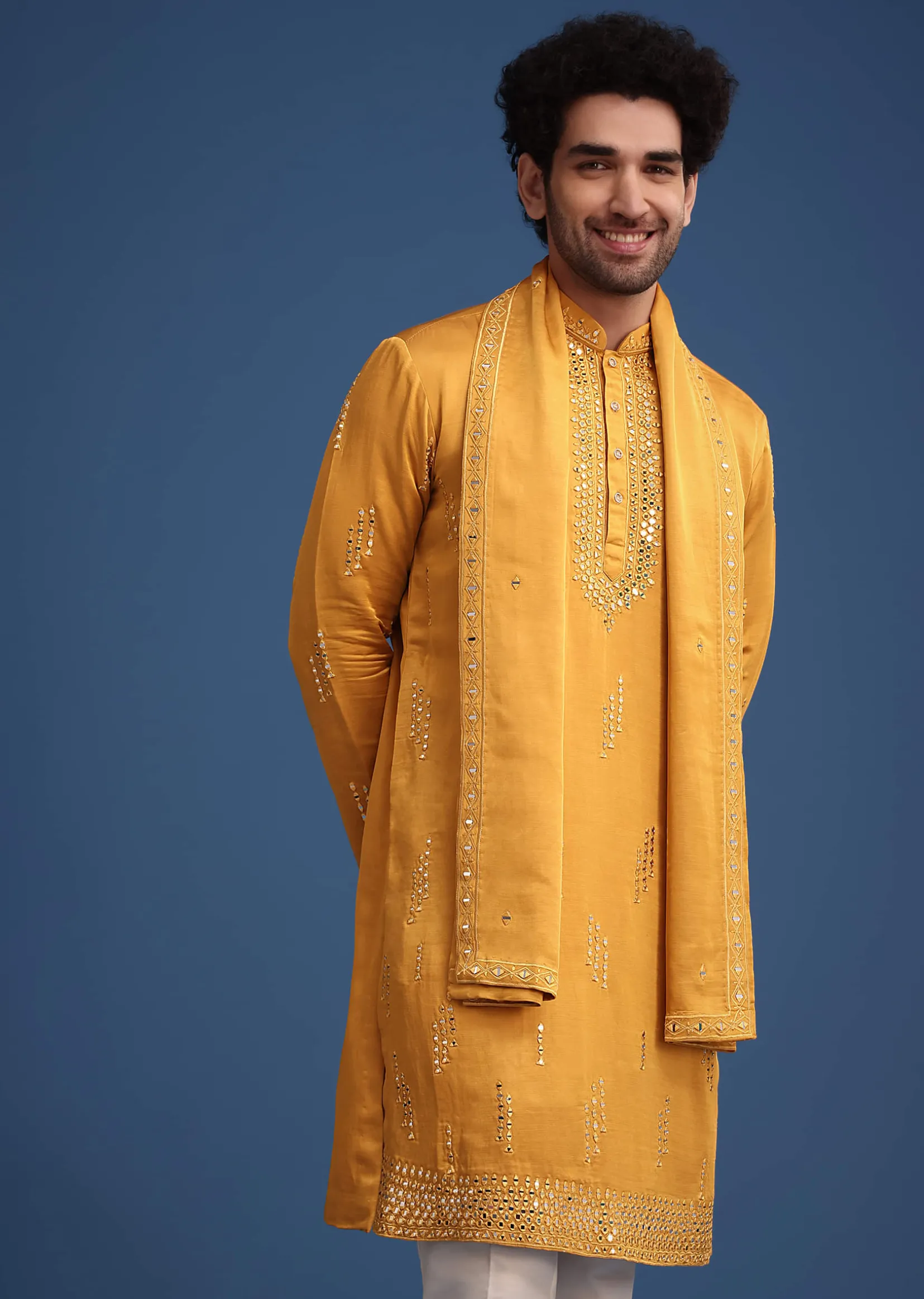 Yellow Silk Blend Kurta Pant With Dupatta