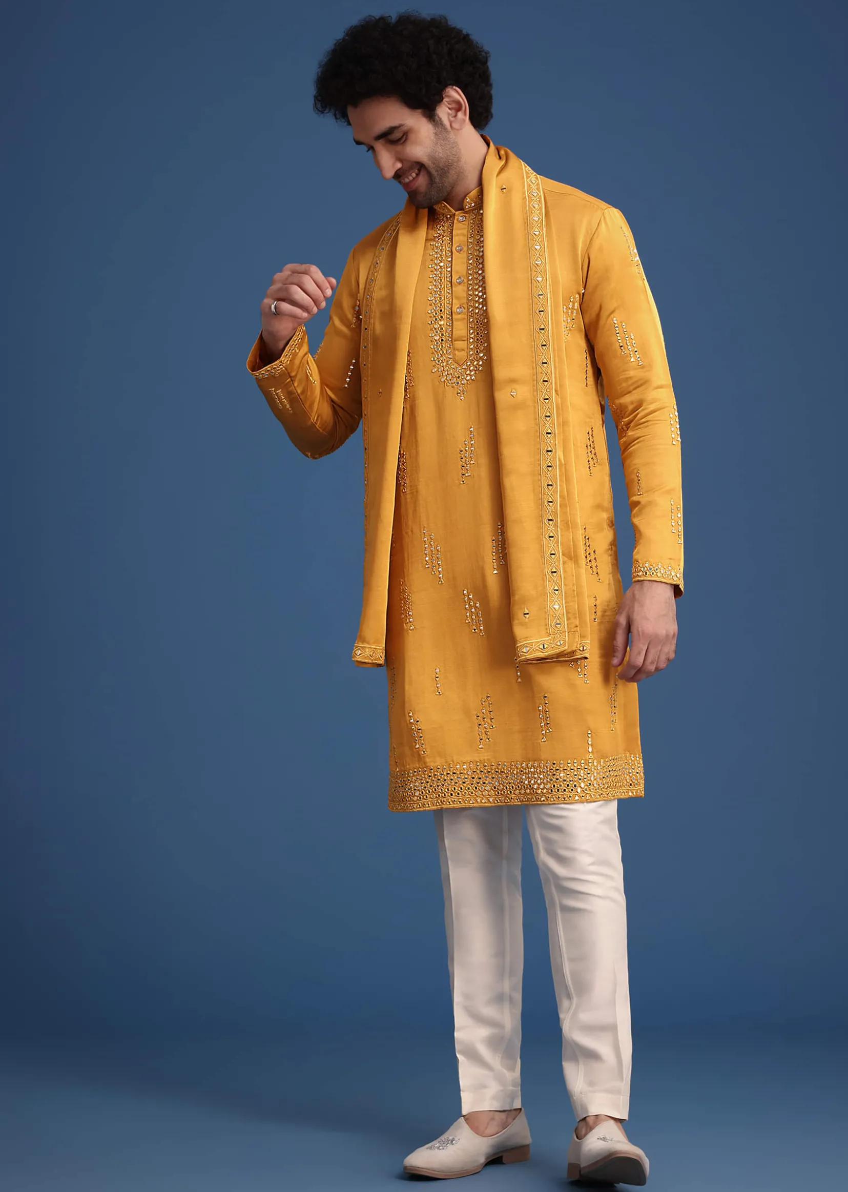 Yellow Silk Blend Kurta Pant With Dupatta