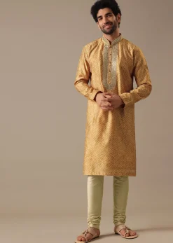 Yellow Silk Chevron Kurta Set with Mirror Work