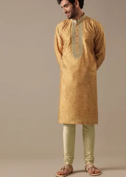 Yellow Silk Chevron Kurta Set with Mirror Work