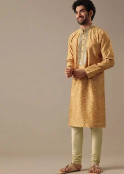 Yellow Silk Chevron Kurta Set with Mirror Work