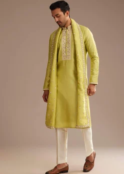 Yellow Silk Embroidered Kurta Set With Dupatta