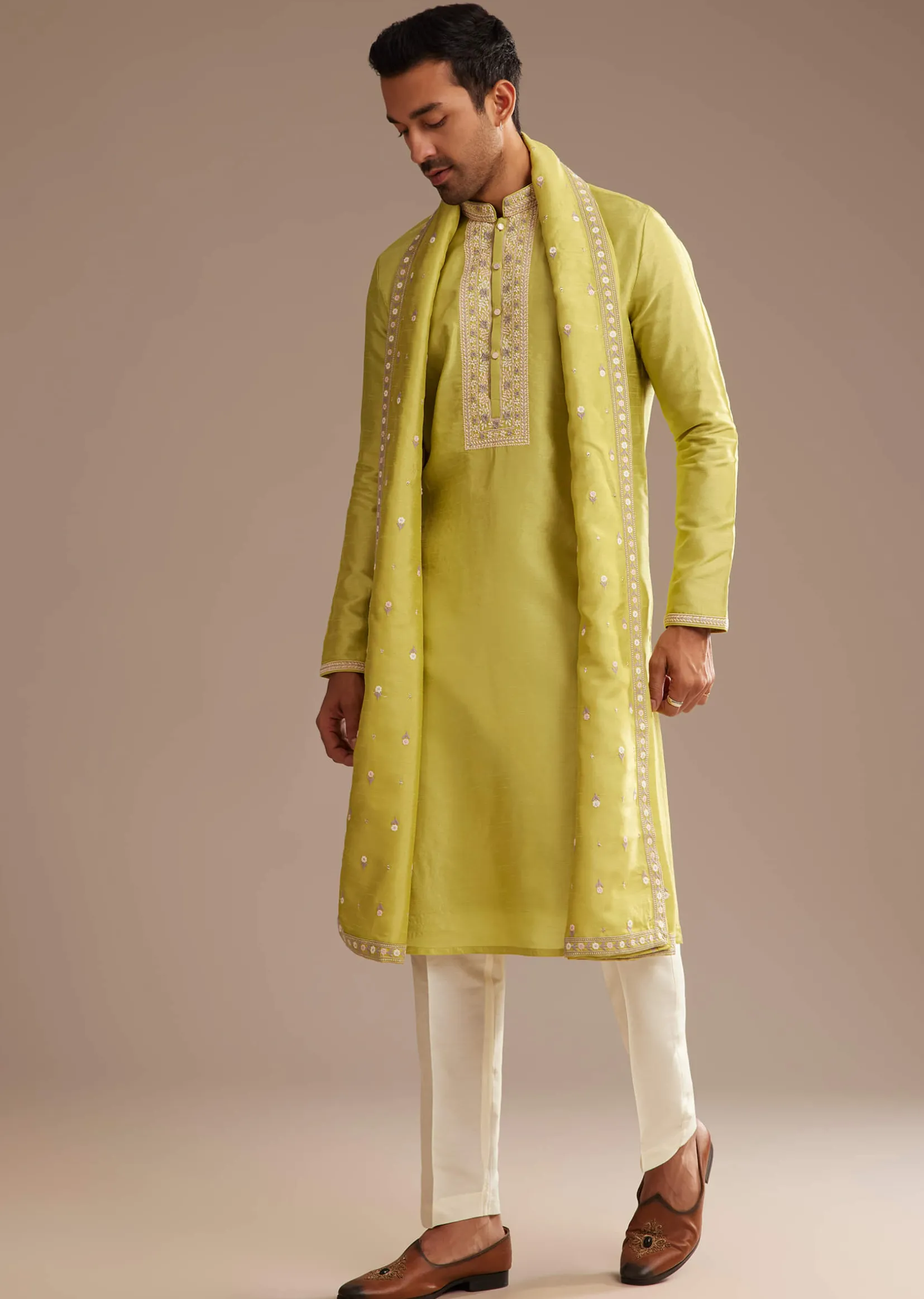Yellow Silk Embroidered Kurta Set With Dupatta