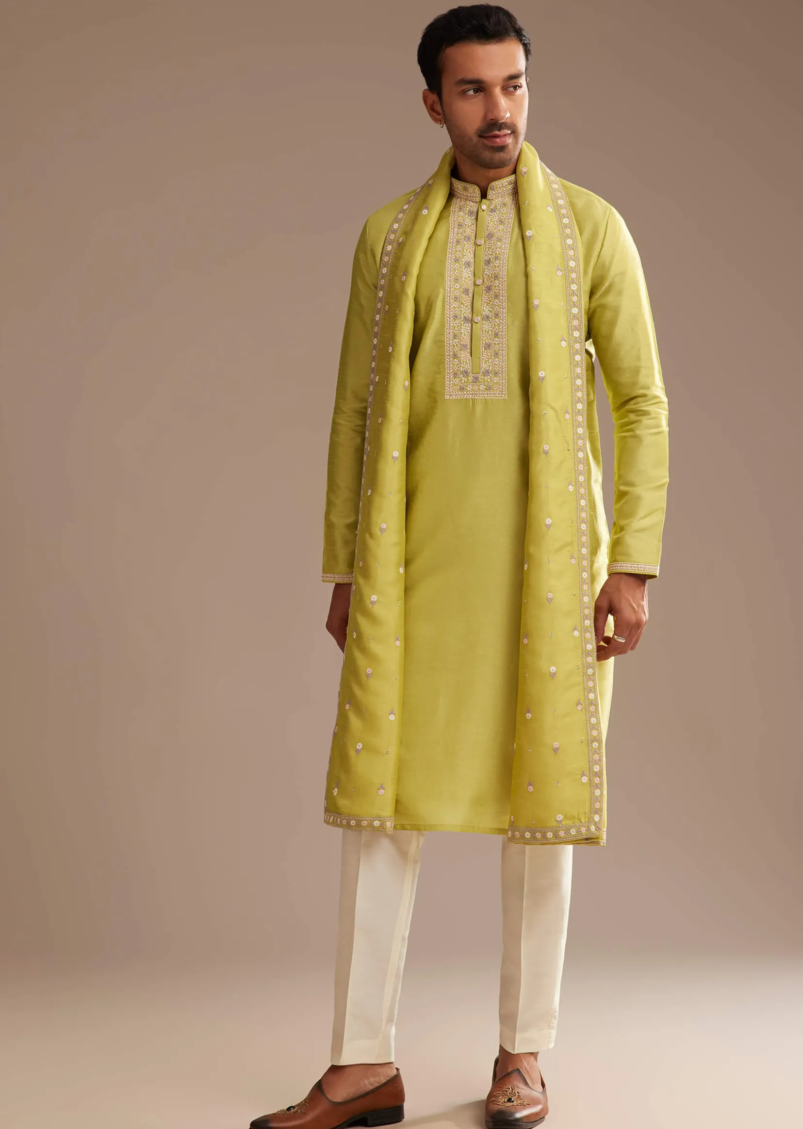 Yellow Silk Embroidered Kurta Set With Dupatta