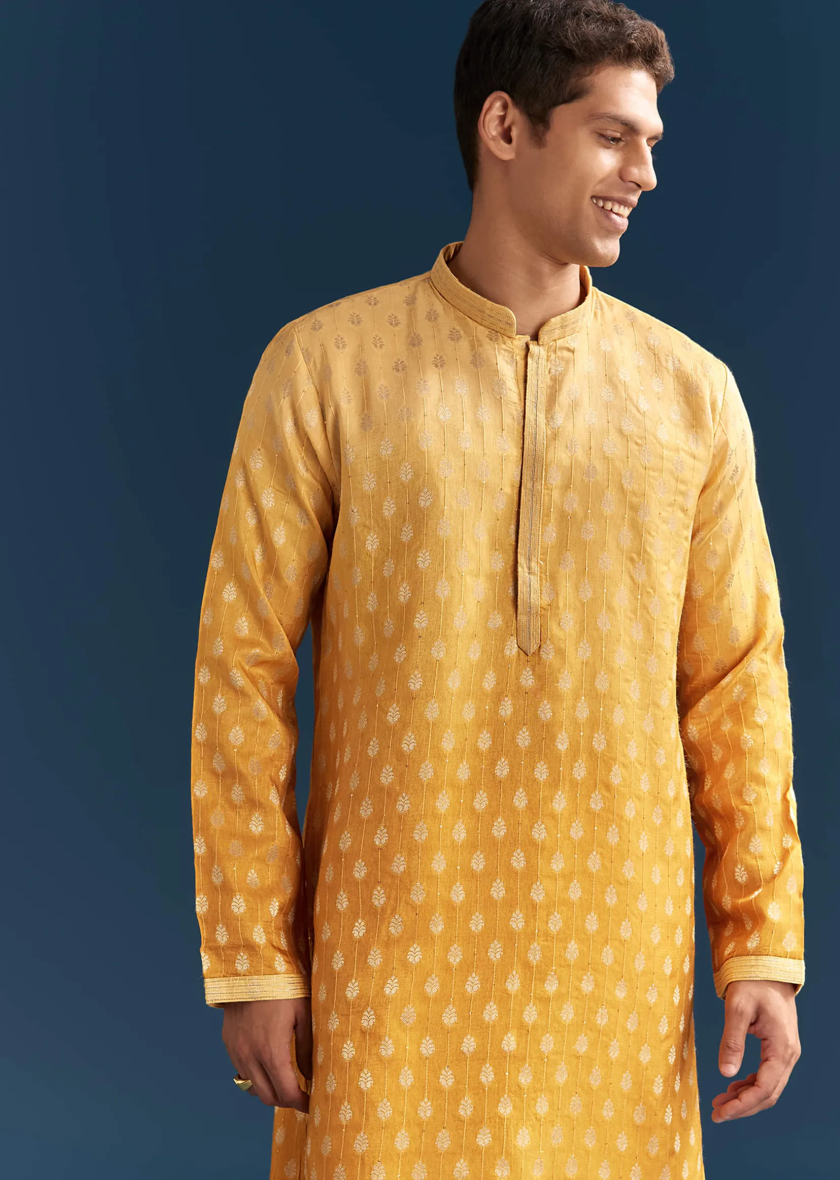Yellow Silk Foil Kurta Set For Men With Sequins Embroidery