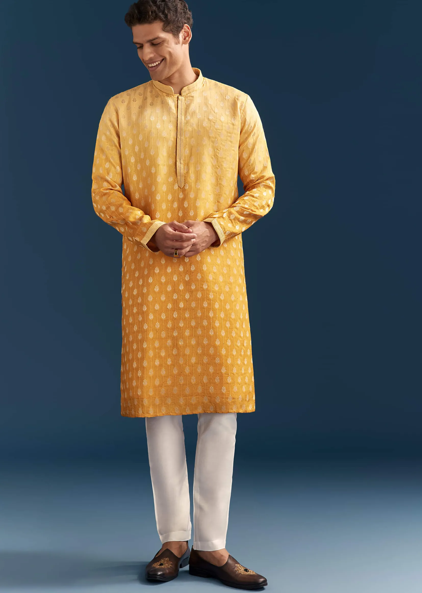 Yellow Silk Foil Kurta Set For Men With Sequins Embroidery
