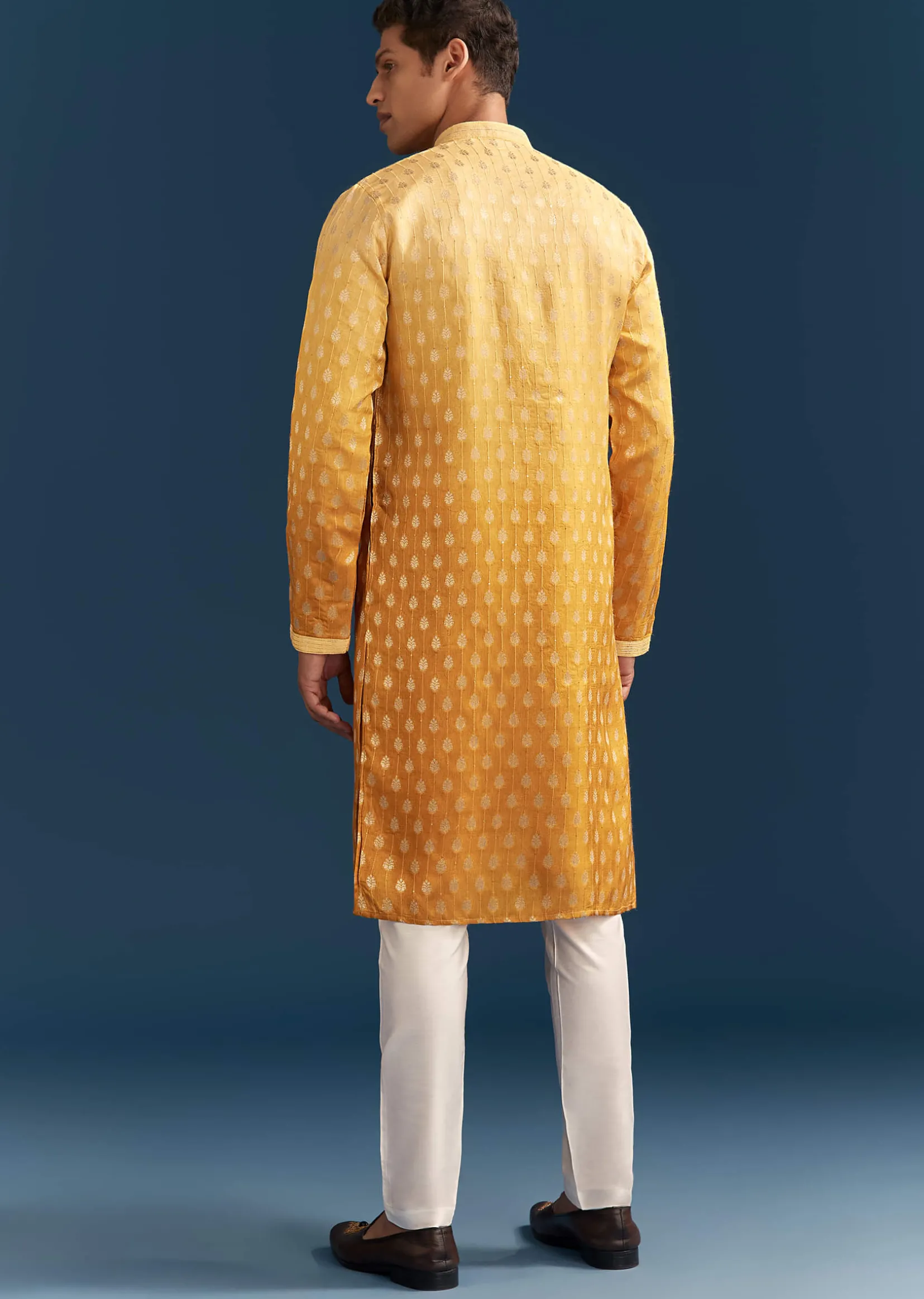 Yellow Silk Foil Kurta Set For Men With Sequins Embroidery