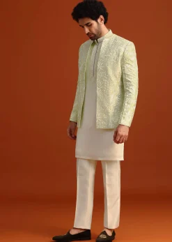Yellow Silk Indo Western And Kurta Set With French Knots