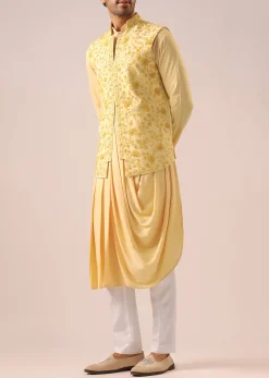 Yellow Silk Jacket And Cowl Draped Kurta Set