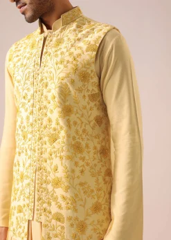 Yellow Silk Jacket And Cowl Draped Kurta Set