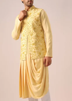 Yellow Silk Jacket And Cowl Draped Kurta Set