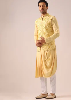 Yellow Silk Jacket And Cowl Draped Kurta Set