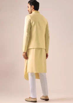 Yellow Silk Jacket And Cowl Draped Kurta Set