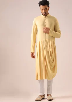 Yellow Silk Jacket And Cowl Draped Kurta Set
