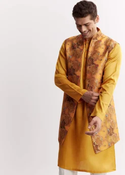 Yellow Silk Jacket Kurta Set With Floral Printed Motifs