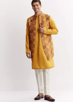 Yellow Silk Jacket Kurta Set With Floral Printed Motifs