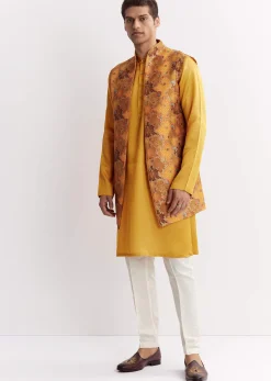 Yellow Silk Jacket Kurta Set With Floral Printed Motifs