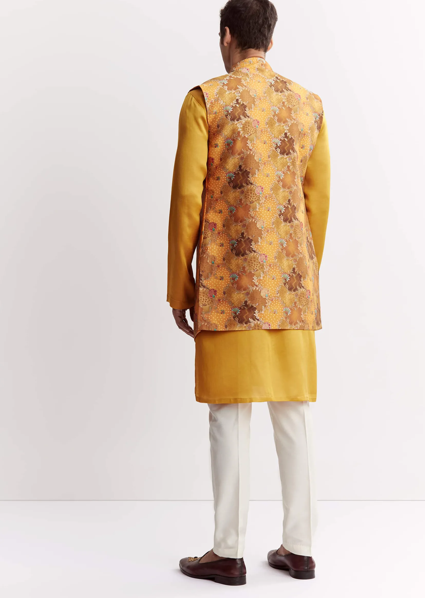 Yellow Silk Jacket Kurta Set With Floral Printed Motifs