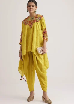 Yellow Silk Kurta Dhoti Set With Resham Embroidery And Tassel Details