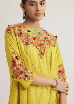 Yellow Silk Kurta Dhoti Set With Resham Embroidery And Tassel Details