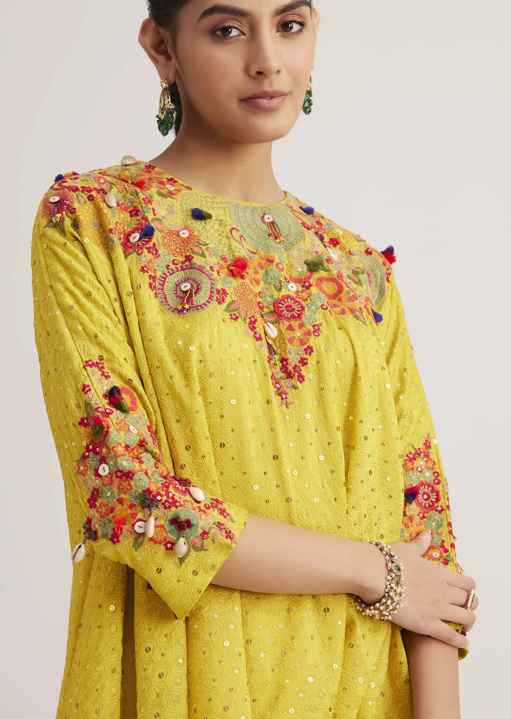 Yellow Silk Kurta Dhoti Set With Resham Embroidery And Tassel Details
