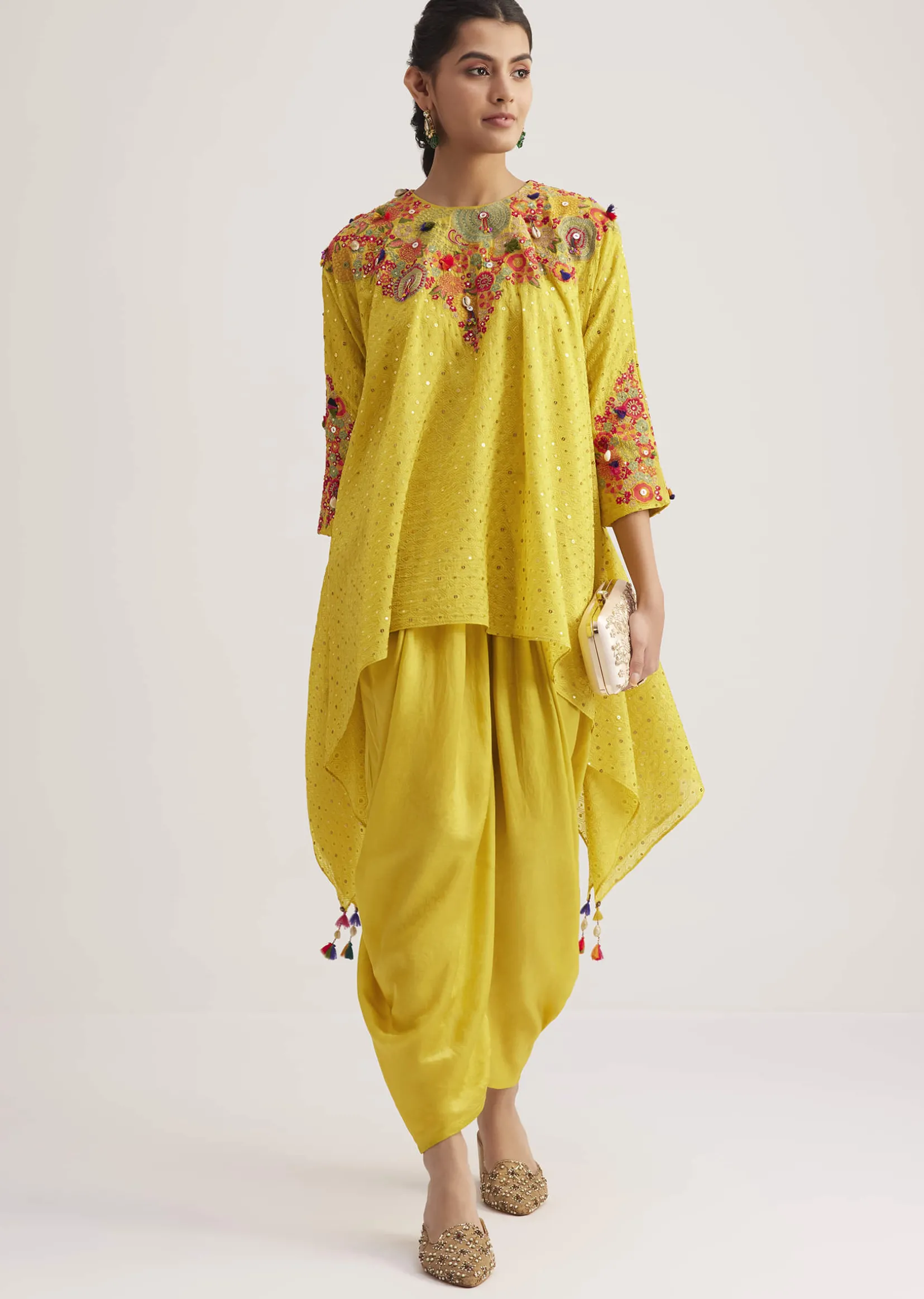 Yellow Silk Kurta Dhoti Set With Resham Embroidery And Tassel Details
