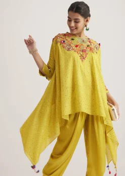 Yellow Silk Kurta Dhoti Set With Resham Embroidery And Tassel Details