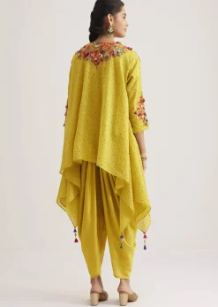 Yellow Silk Kurta Dhoti Set With Resham Embroidery And Tassel Details