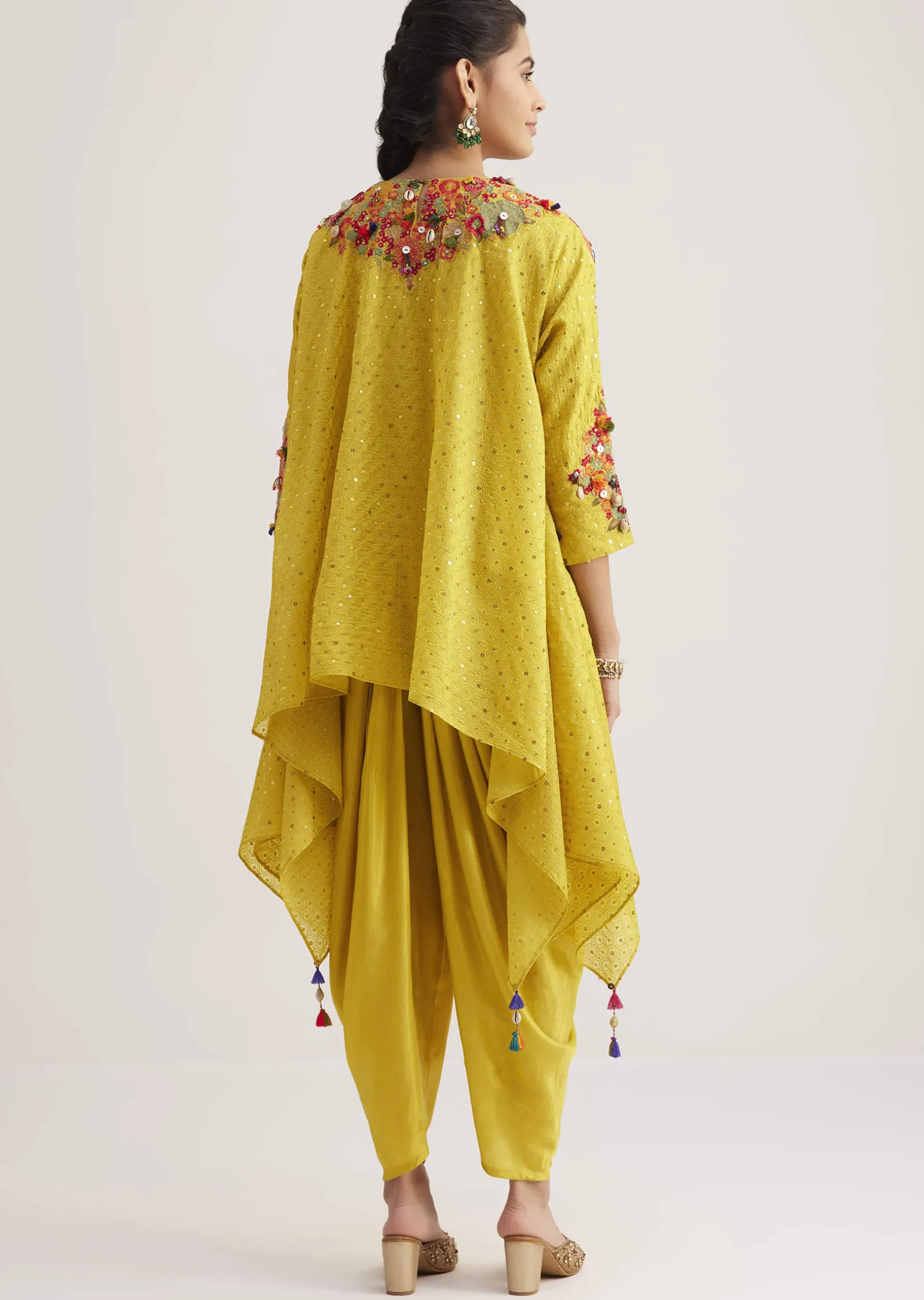 Yellow Silk Kurta Dhoti Set With Resham Embroidery And Tassel Details