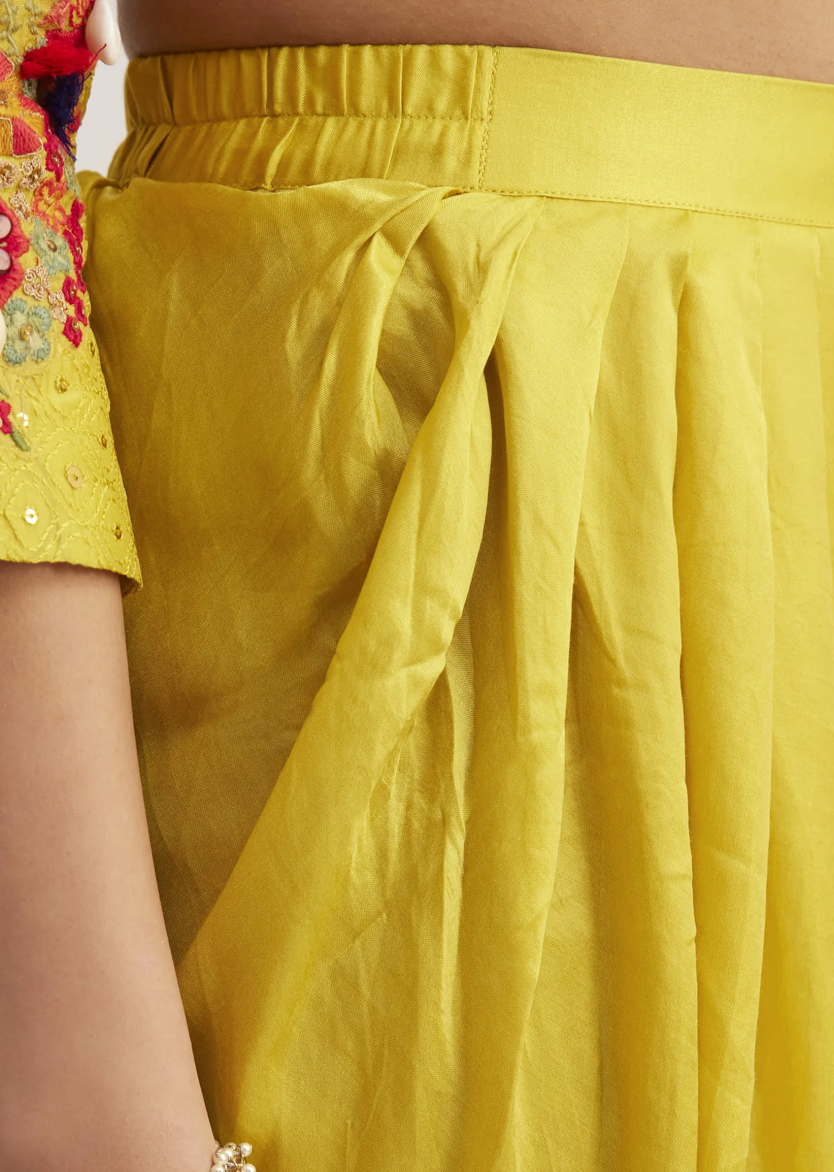 Yellow Silk Kurta Dhoti Set With Resham Embroidery And Tassel Details