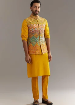 Yellow Silk Kurta Jacket Set With Multicolor Hand Work