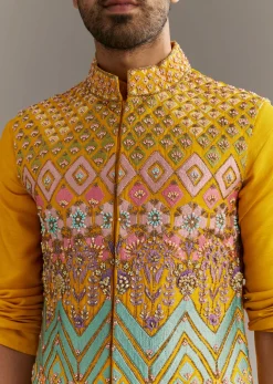 Yellow Silk Kurta Jacket Set With Multicolor Hand Work
