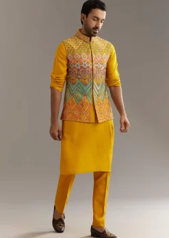 Yellow Silk Kurta Jacket Set With Multicolor Hand Work