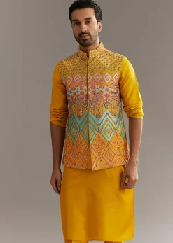 Yellow Silk Kurta Jacket Set With Multicolor Hand Work