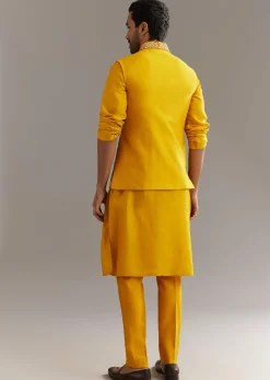 Yellow Silk Kurta Jacket Set With Multicolor Hand Work