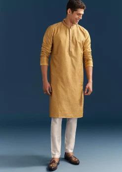 Yellow Silk Kurta Set For Men