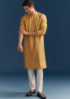 Yellow Silk Kurta Set For Men