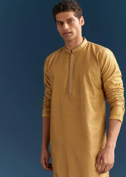 Yellow Silk Kurta Set For Men