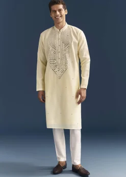 Yellow Silk Kurta Set For Men With Mirror Embroidery
