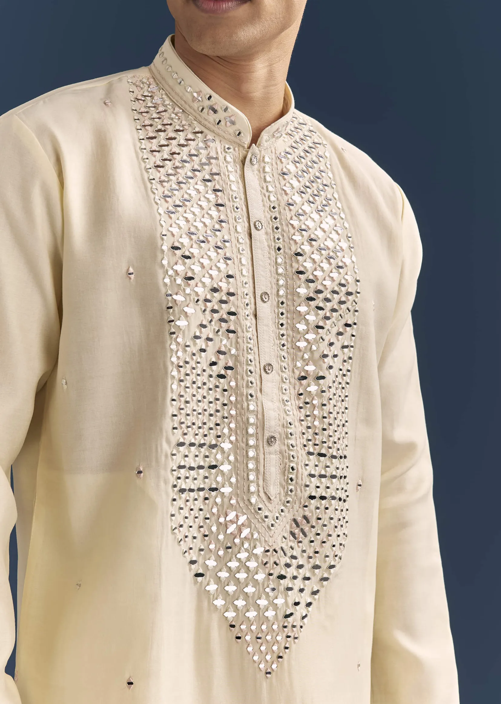 Yellow Silk Kurta Set For Men With Mirror Embroidery