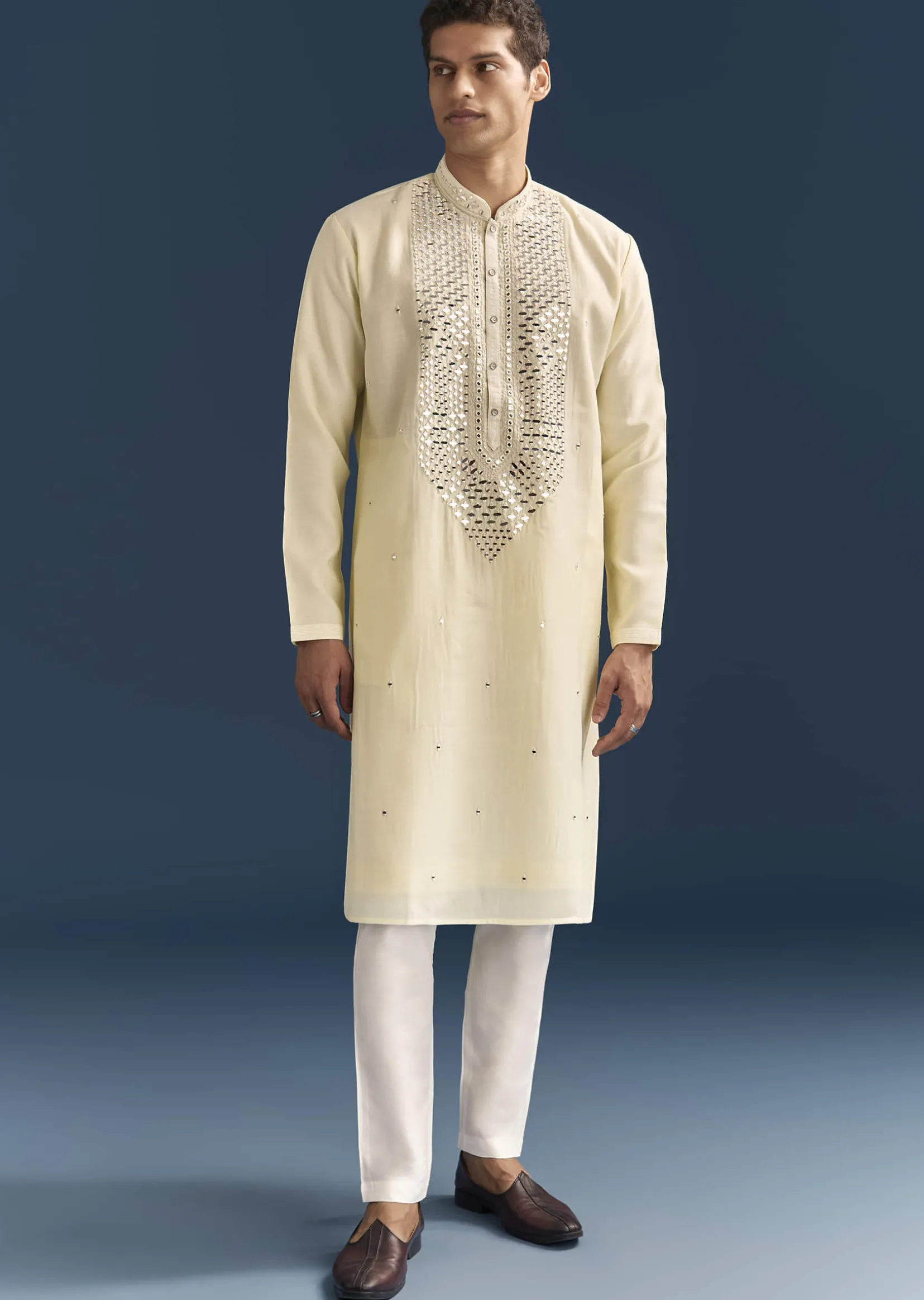 Yellow Silk Kurta Set For Men With Mirror Embroidery