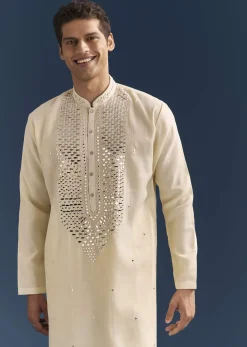Yellow Silk Kurta Set For Men With Mirror Embroidery