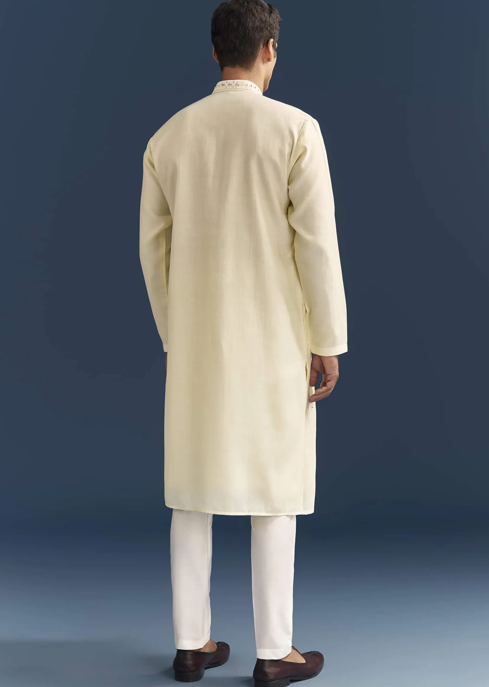 Yellow Silk Kurta Set For Men With Mirror Embroidery