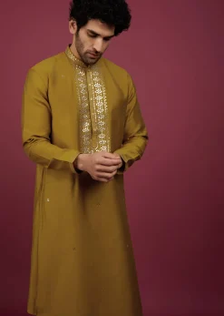 Yellow Silk Kurta Set In Leather Work On Yoke