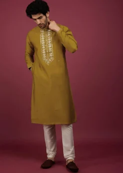 Yellow Silk Kurta Set In Leather Work On Yoke