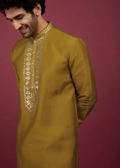 Yellow Silk Kurta Set In Leather Work On Yoke
