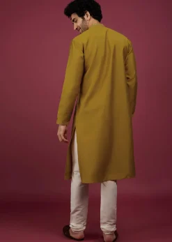 Yellow Silk Kurta Set In Leather Work On Yoke