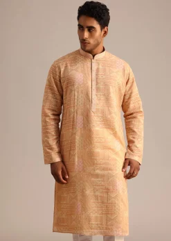 Yellow Silk Kurta Set With Printed Work