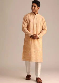 Yellow Silk Kurta Set With Printed Work