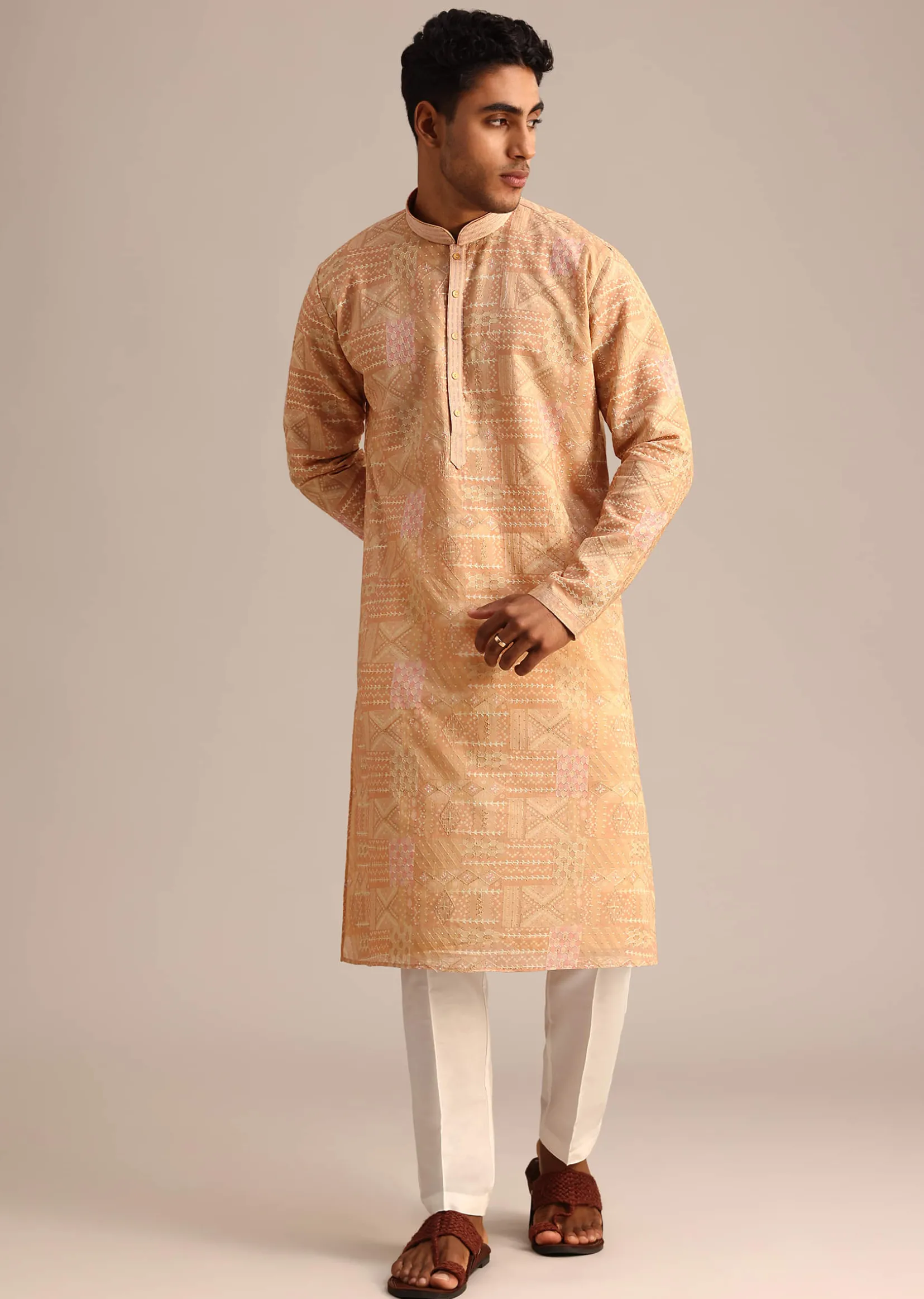 Yellow Silk Kurta Set With Printed Work